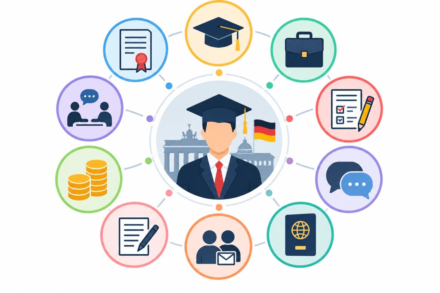 Graphic showing MBA admission requirements in Germany through icons for academic qualifications, work experience, admission tests, English proficiency, documents, interview, finances and passport requirements.
